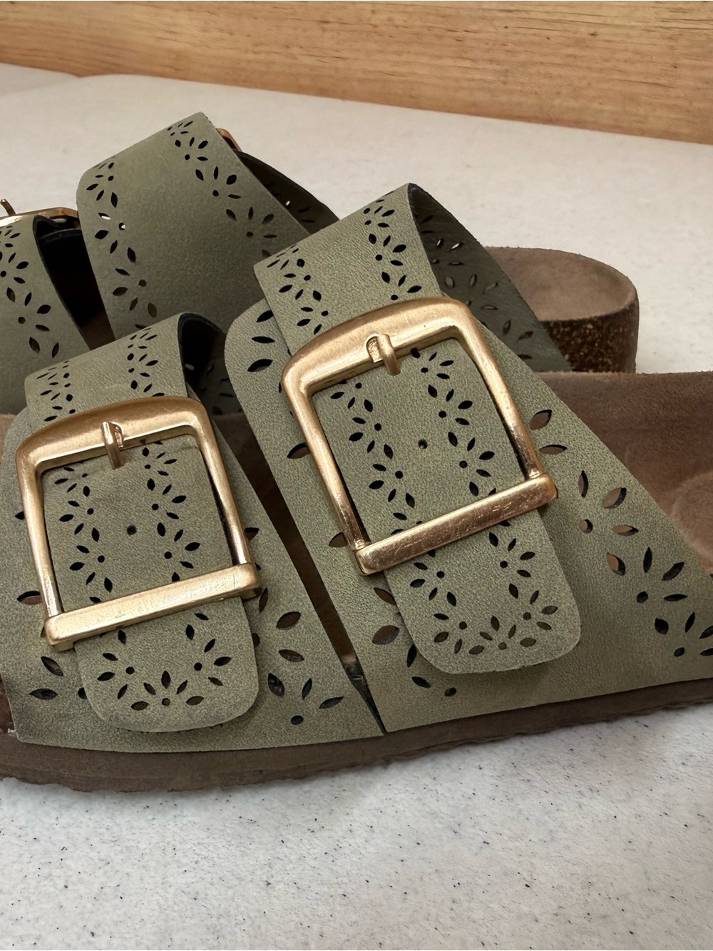 Time and Tru Olive Green Double-Buckle Perforated Slide Sandals